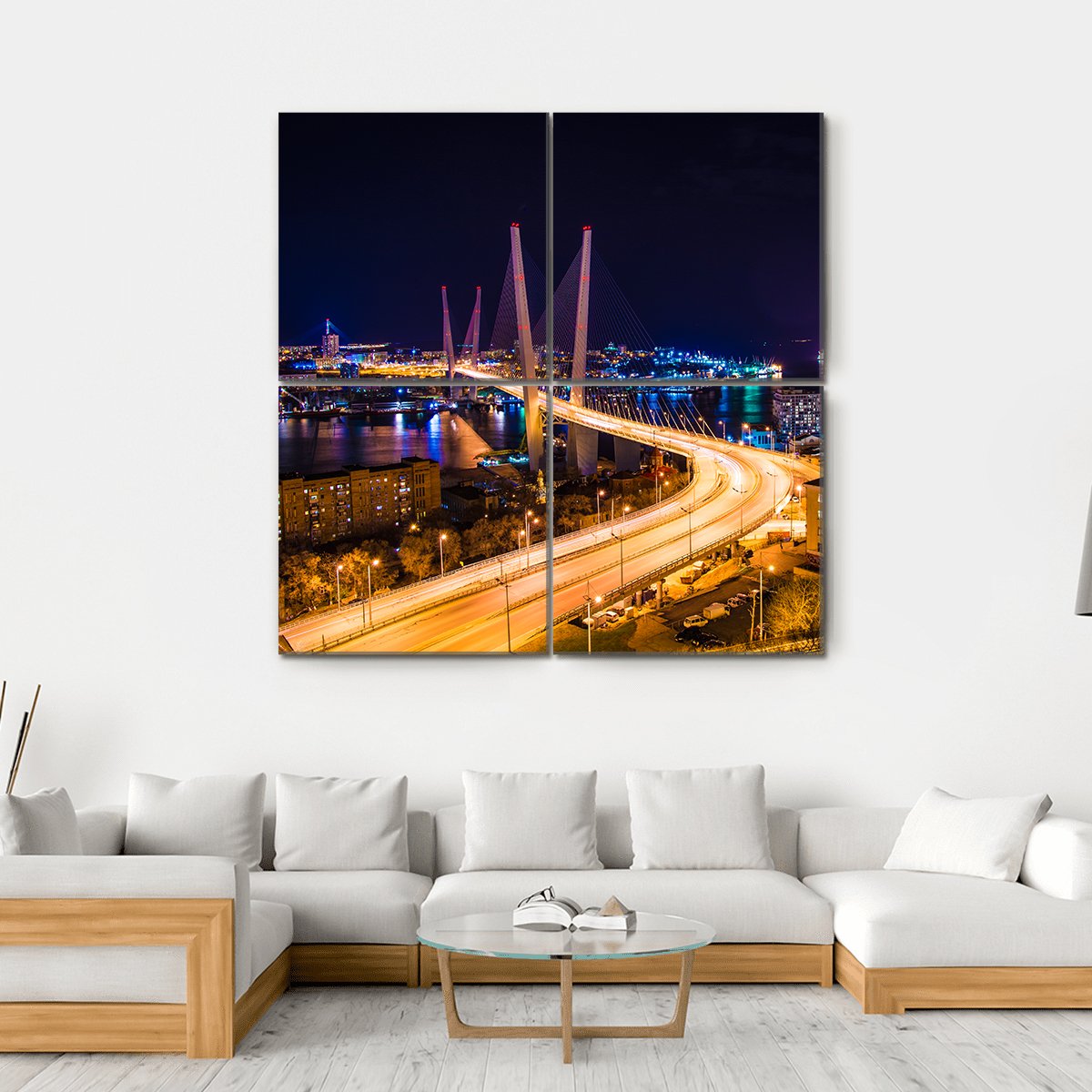 Vladivostok Hali Bridge At Night Canvas Wall Art-4 Square-Gallery Wrap-17" x 17"-Tiaracle