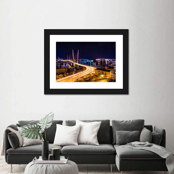 Vladivostok Hali Bridge At Night Canvas Wall Art-1 Piece-Framed Print-20" x 16"-Tiaracle