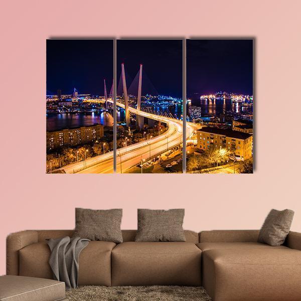 Vladivostok Hali Bridge At Night Canvas Wall Art-3 Horizontal-Gallery Wrap-25" x 16"-Tiaracle