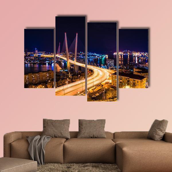 Vladivostok Hali Bridge At Night Canvas Wall Art-4 Pop-Gallery Wrap-50" x 32"-Tiaracle