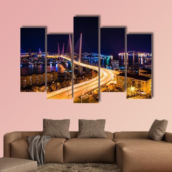 Vladivostok Hali Bridge At Night Canvas Wall Art-5 Pop-Gallery Wrap-47" x 32"-Tiaracle