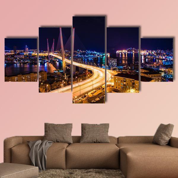 Vladivostok Hali Bridge At Night Canvas Wall Art-5 Star-Gallery Wrap-62" x 32"-Tiaracle