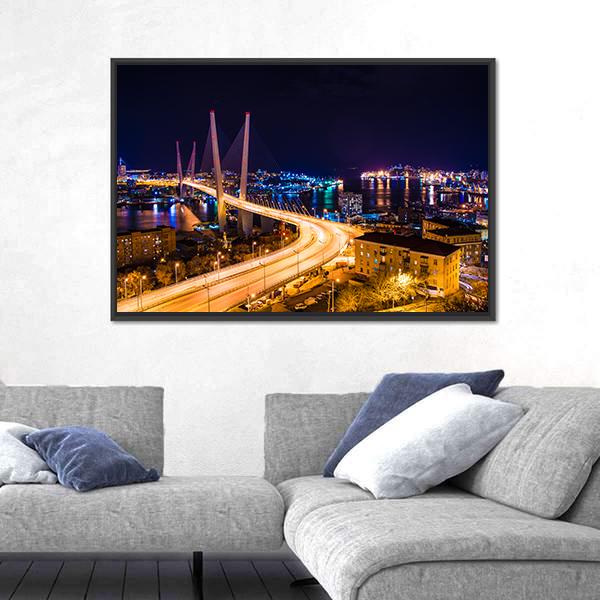 Vladivostok Hali Bridge At Night Panoramic Canvas Wall Art-1 Piece-36" x 12"-Tiaracle