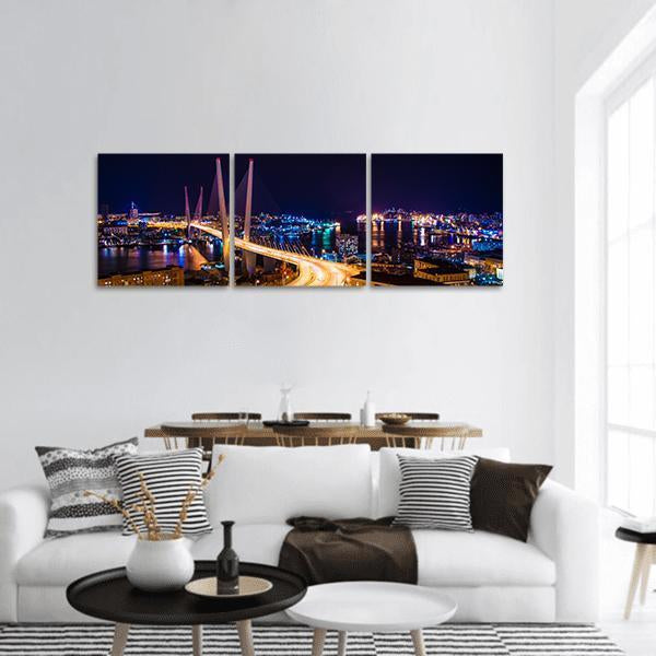 Vladivostok Hali Bridge At Night Panoramic Canvas Wall Art-3 Piece-25" x 08"-Tiaracle