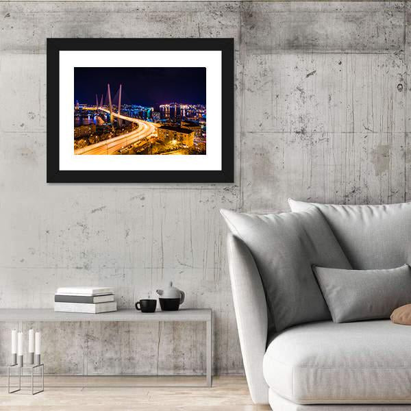 Vladivostok Hali Bridge At Night Panoramic Canvas Wall Art-1 Piece-36" x 12"-Tiaracle