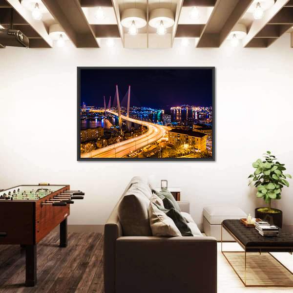 Vladivostok Hali Bridge At Night Panoramic Canvas Wall Art-1 Piece-36" x 12"-Tiaracle