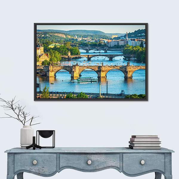 Vltava River And Bridges Canvas Wall Art-1 Piece-Floating Frame-24" x 16"-Tiaracle
