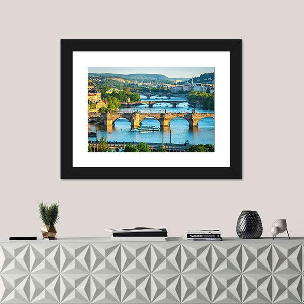 Vltava River And Bridges Canvas Wall Art-1 Piece-Framed Print-20" x 16"-Tiaracle