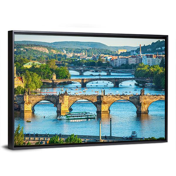 Vltava River And Bridges Canvas Wall Art-3 Horizontal-Gallery Wrap-25" x 16"-Tiaracle