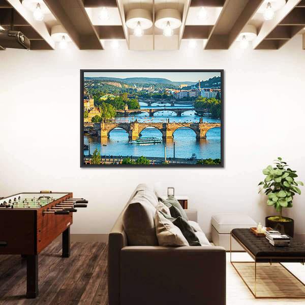 Vltava River And Bridges Canvas Wall Art-3 Horizontal-Gallery Wrap-25" x 16"-Tiaracle