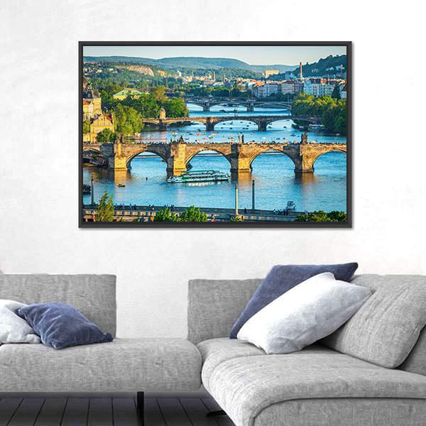 Vltava River And Bridges Canvas Wall Art-3 Horizontal-Gallery Wrap-25" x 16"-Tiaracle