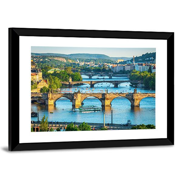 Vltava River And Bridges Canvas Wall Art-3 Horizontal-Gallery Wrap-25" x 16"-Tiaracle