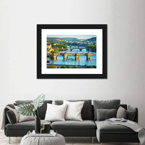 Vltava River And Bridges Canvas Wall Art-3 Horizontal-Gallery Wrap-25" x 16"-Tiaracle