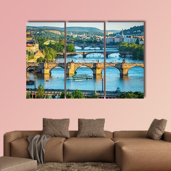 Vltava River And Bridges Canvas Wall Art-3 Horizontal-Gallery Wrap-37" x 24"-Tiaracle