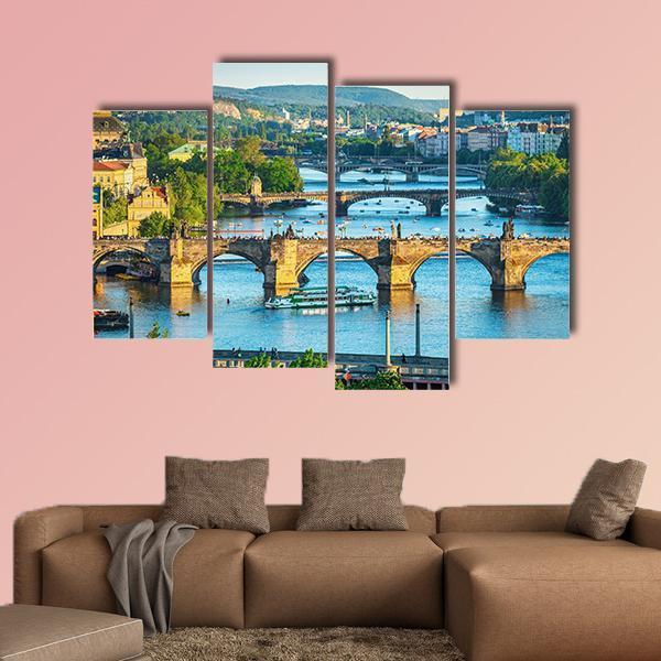 Vltava River And Bridges Canvas Wall Art-4 Pop-Gallery Wrap-50" x 32"-Tiaracle
