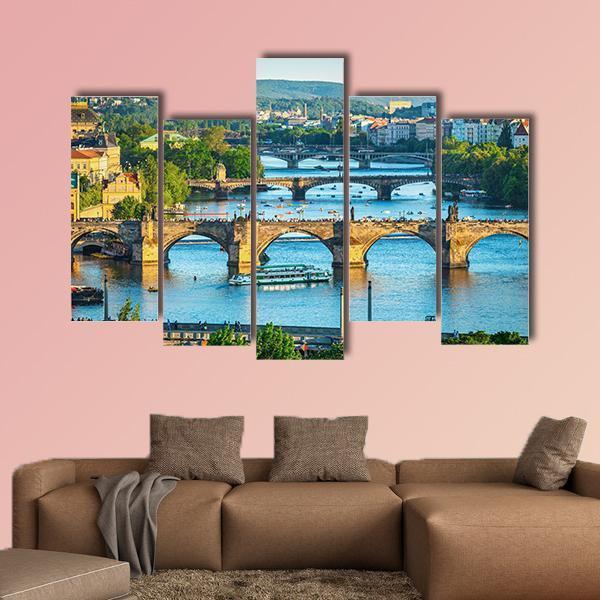 Vltava River And Bridges Canvas Wall Art-5 Pop-Gallery Wrap-47" x 32"-Tiaracle