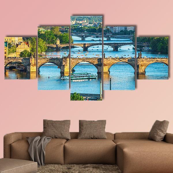 Vltava River And Bridges Canvas Wall Art-5 Star-Gallery Wrap-62" x 32"-Tiaracle