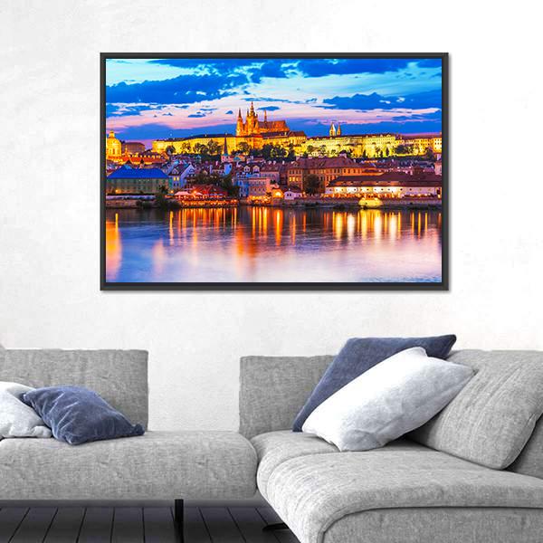 Vltava River And St Vitus Cathedral In Prague Panoramic Canvas Wall Art-1 Piece-36" x 12"-Tiaracle