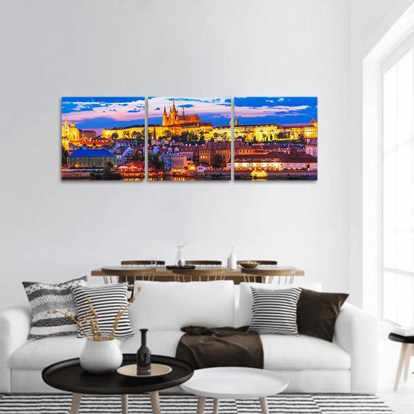 Vltava River And St Vitus Cathedral In Prague Panoramic Canvas Wall Art-3 Piece-25" x 08"-Tiaracle