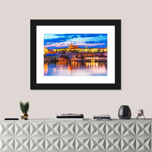 Vltava River And St Vitus Cathedral In Prague Panoramic Canvas Wall Art-1 Piece-36" x 12"-Tiaracle