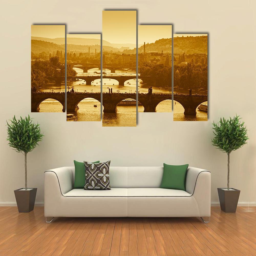 Vltava River Prague Canvas Wall Art-5 Pop-Gallery Wrap-47" x 32"-Tiaracle