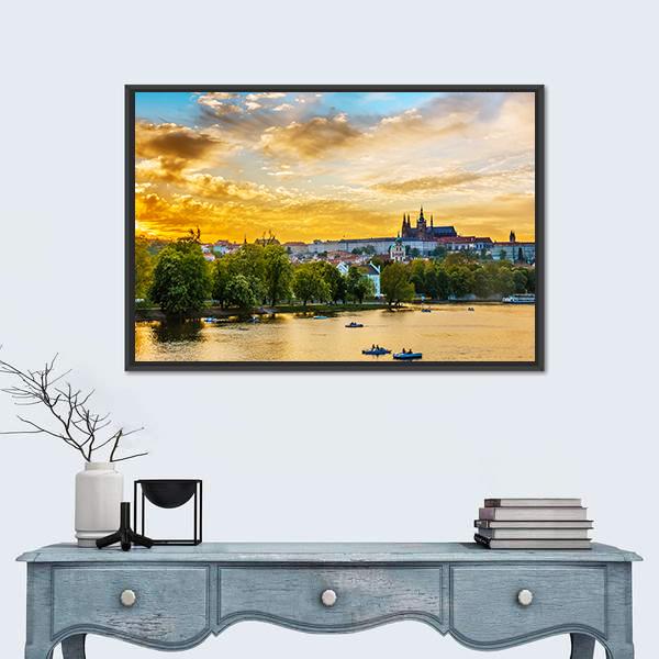 Vltava River In Sunset With Boats Canvas Wall Art-1 Piece-Floating Frame-24" x 16"-Tiaracle