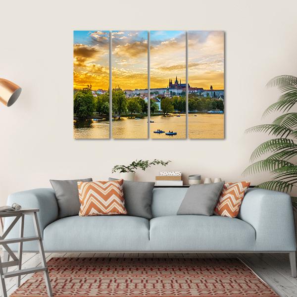 Vltava River In Sunset With Boats Canvas Wall Art-4 Horizontal-Gallery Wrap-34" x 24"-Tiaracle