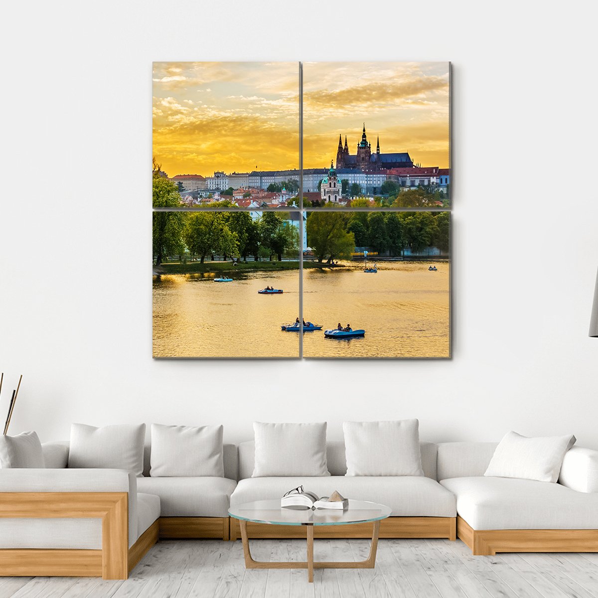Vltava River In Sunset With Boats Canvas Wall Art-4 Square-Gallery Wrap-17" x 17"-Tiaracle