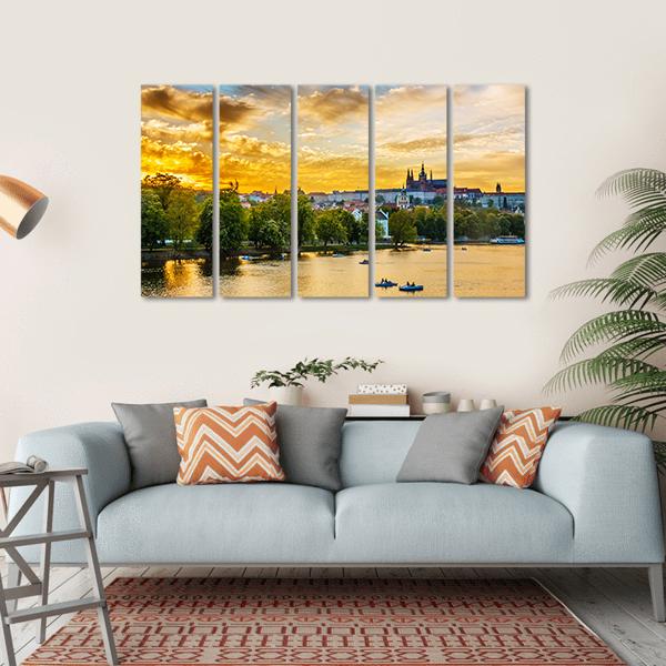 Vltava River In Sunset With Boats Canvas Wall Art-5 Horizontal-Gallery Wrap-22" x 12"-Tiaracle