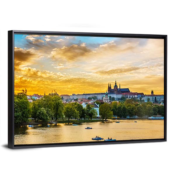 Vltava River In Sunset With Boats Canvas Wall Art-3 Horizontal-Gallery Wrap-25" x 16"-Tiaracle