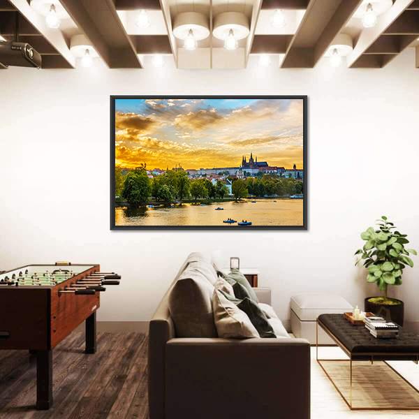 Vltava River In Sunset With Boats Canvas Wall Art-3 Horizontal-Gallery Wrap-25" x 16"-Tiaracle