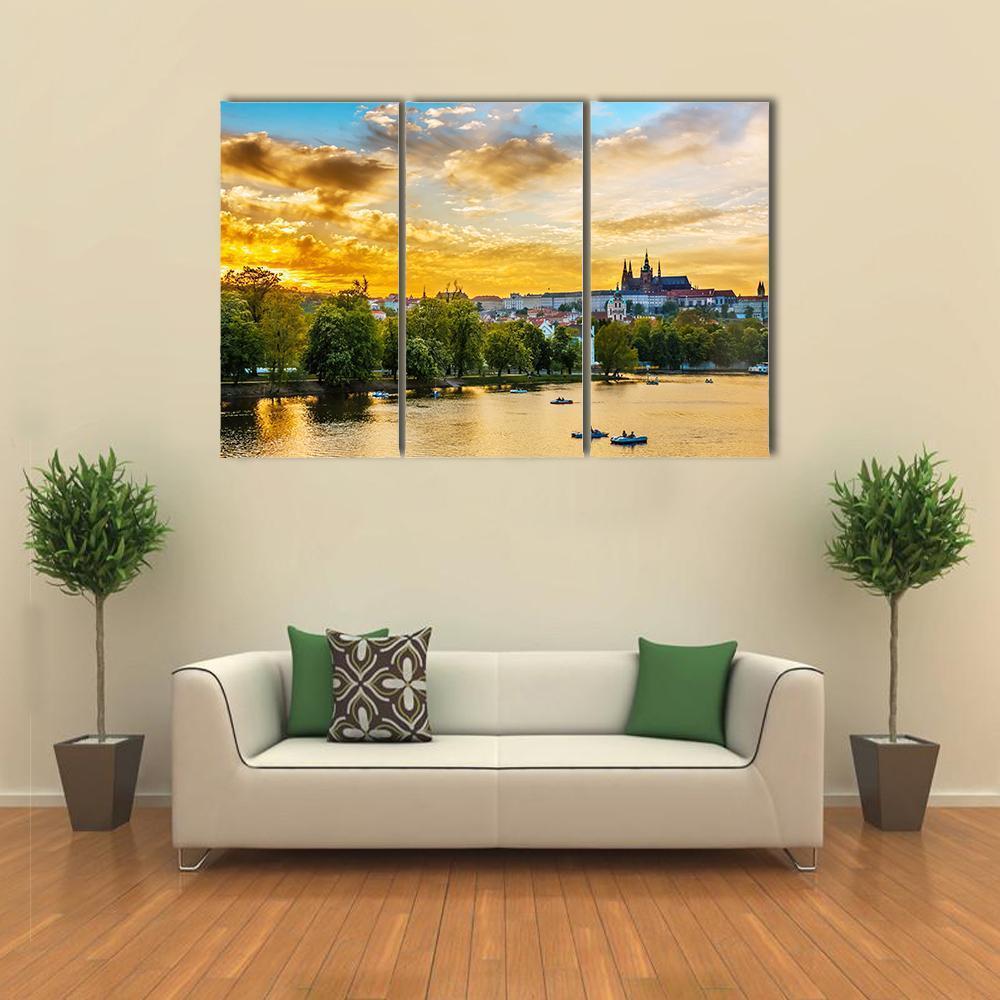 Vltava River In Sunset With Boats Canvas Wall Art-3 Horizontal-Gallery Wrap-37" x 24"-Tiaracle