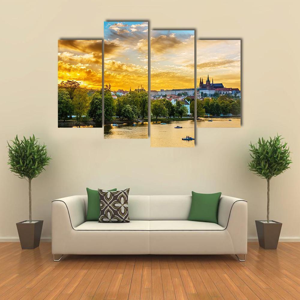 Vltava River In Sunset With Boats Canvas Wall Art-4 Pop-Gallery Wrap-50" x 32"-Tiaracle