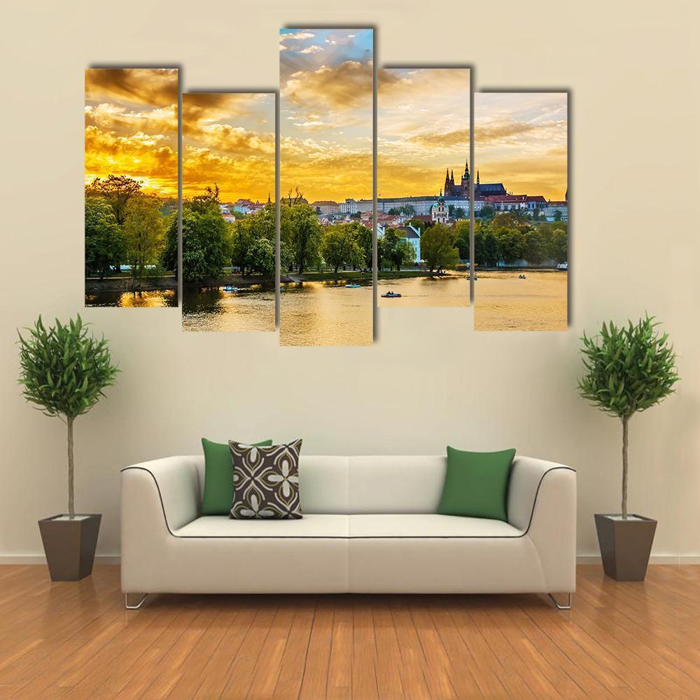Vltava River In Sunset With Boats Canvas Wall Art-5 Pop-Gallery Wrap-47" x 32"-Tiaracle