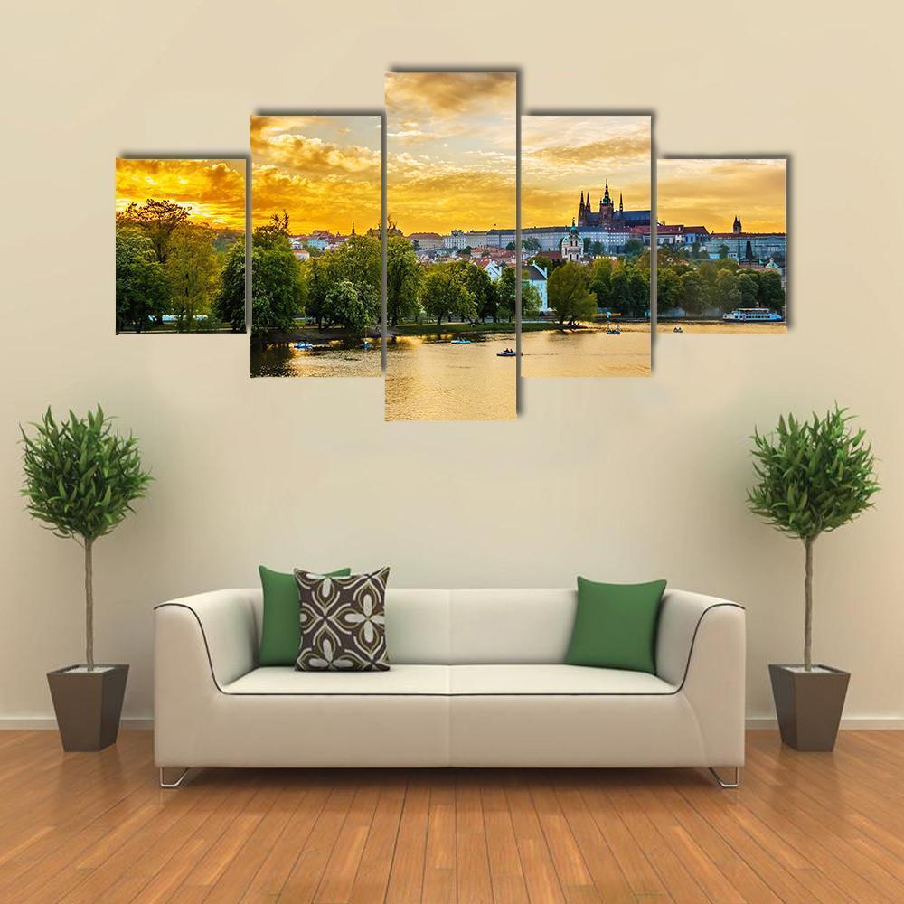 Vltava River In Sunset With Boats Canvas Wall Art-5 Star-Gallery Wrap-62" x 32"-Tiaracle