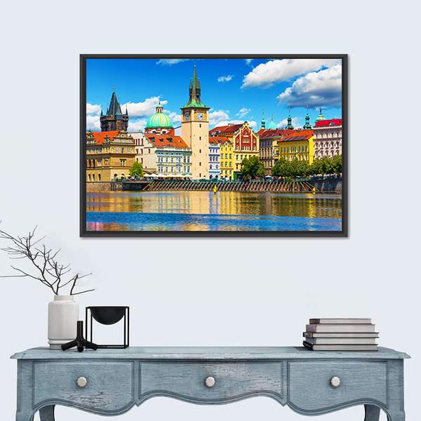 Vltava River Pier In Prague Canvas Wall Art-1 Piece-Floating Frame-24" x 16"-Tiaracle