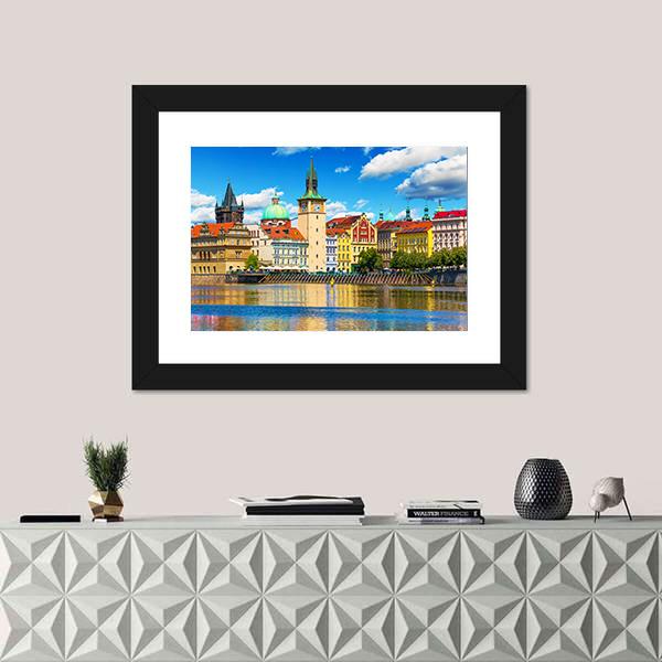 Vltava River Pier In Prague Canvas Wall Art-1 Piece-Framed Print-20" x 16"-Tiaracle