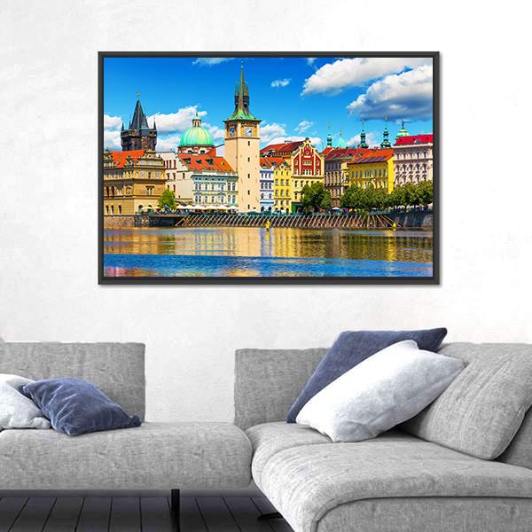 Vltava River Pier In Prague Canvas Wall Art-3 Horizontal-Gallery Wrap-25" x 16"-Tiaracle