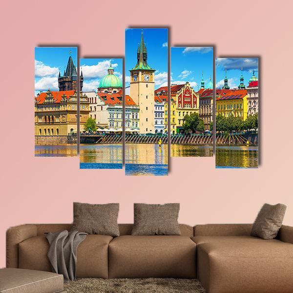 Vltava River Pier In Prague Canvas Wall Art-5 Pop-Gallery Wrap-47" x 32"-Tiaracle