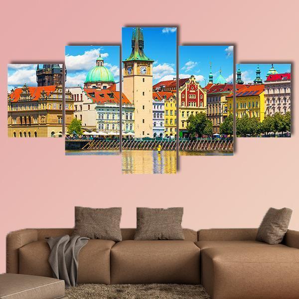 Vltava River Pier In Prague Canvas Wall Art-5 Star-Gallery Wrap-62" x 32"-Tiaracle