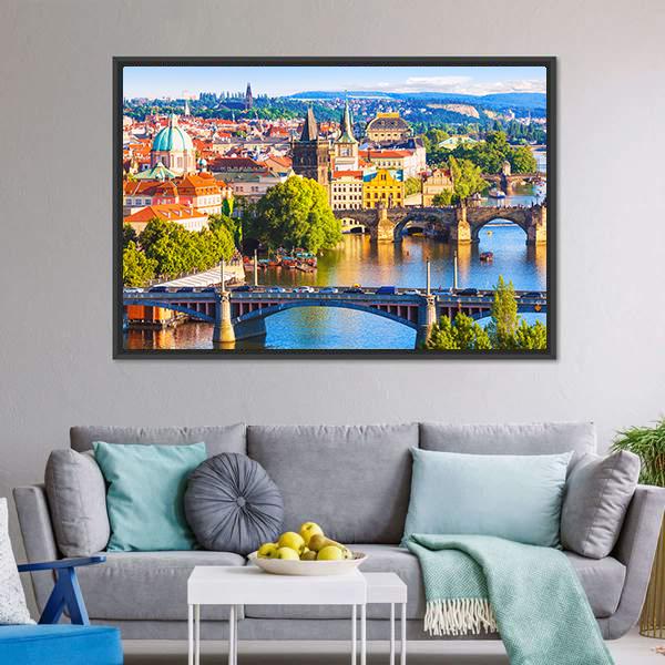 Vltava River With Old Town Canvas Wall Art-1 Piece-Floating Frame-24" x 16"-Tiaracle