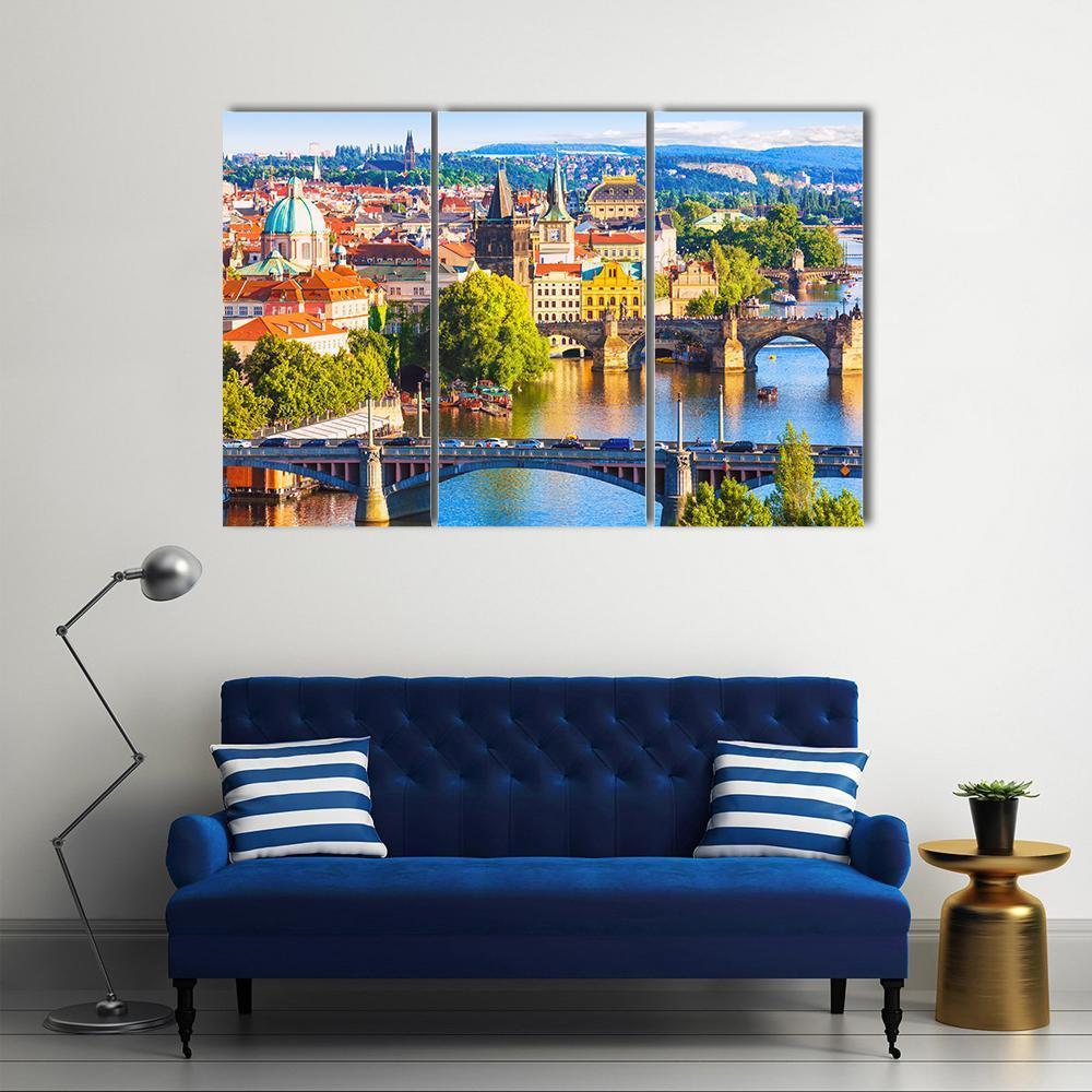 Vltava River With Old Town Canvas Wall Art-3 Horizontal-Gallery Wrap-37" x 24"-Tiaracle
