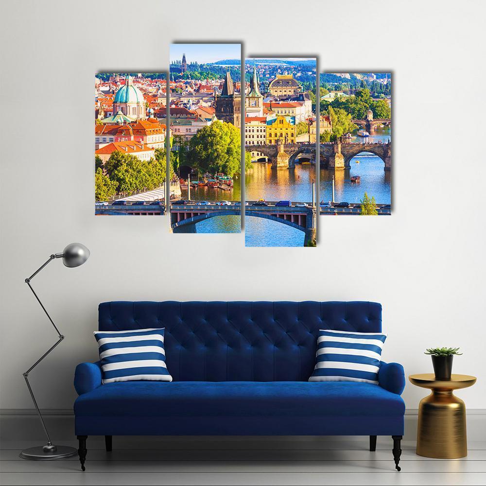 Vltava River With Old Town Canvas Wall Art-4 Pop-Gallery Wrap-50" x 32"-Tiaracle