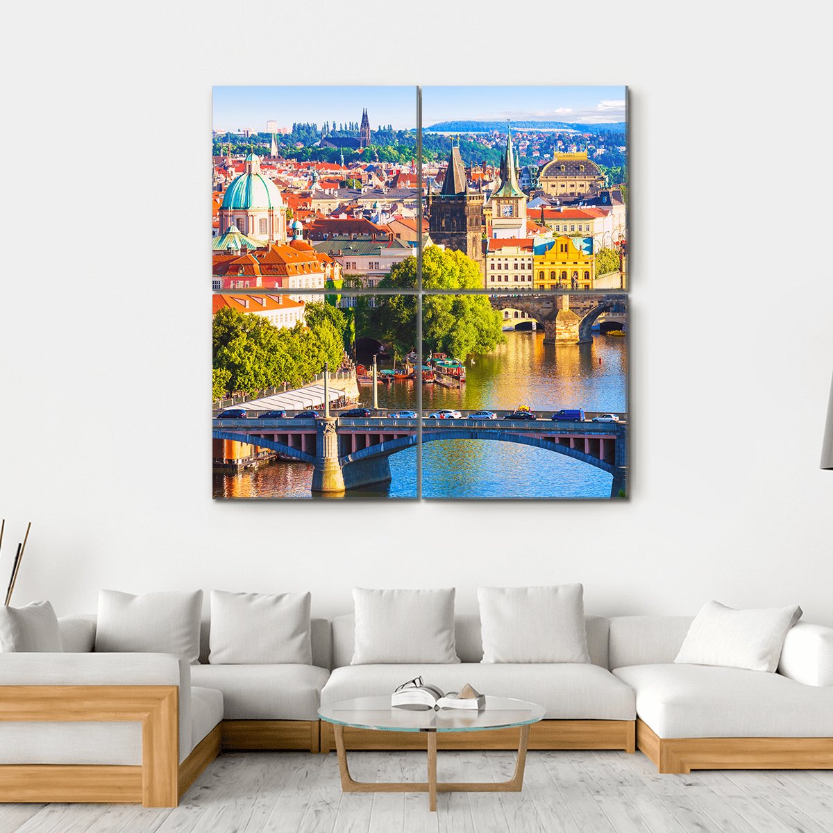 Vltava River With Old Town Canvas Wall Art-4 Square-Gallery Wrap-17" x 17"-Tiaracle