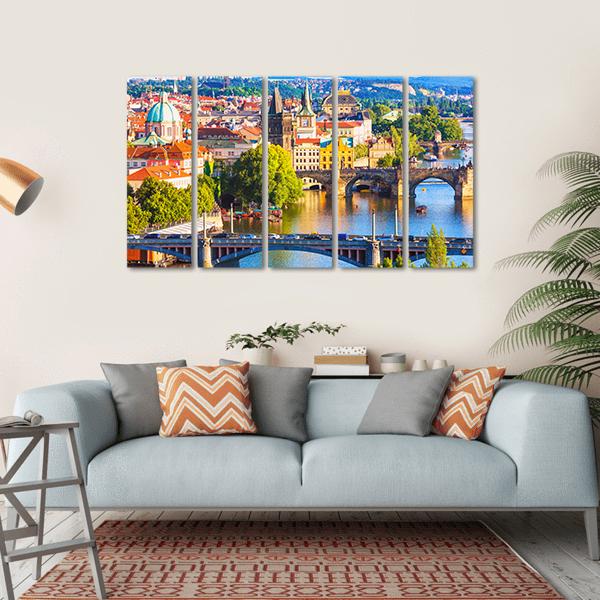 Vltava River With Old Town Canvas Wall Art-5 Horizontal-Gallery Wrap-22" x 12"-Tiaracle