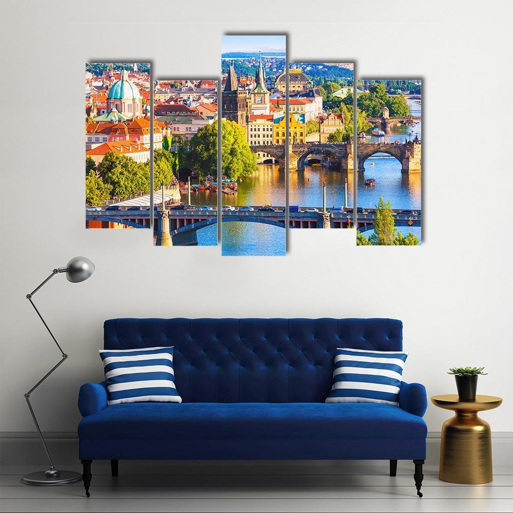 Vltava River With Old Town Canvas Wall Art-5 Pop-Gallery Wrap-47" x 32"-Tiaracle