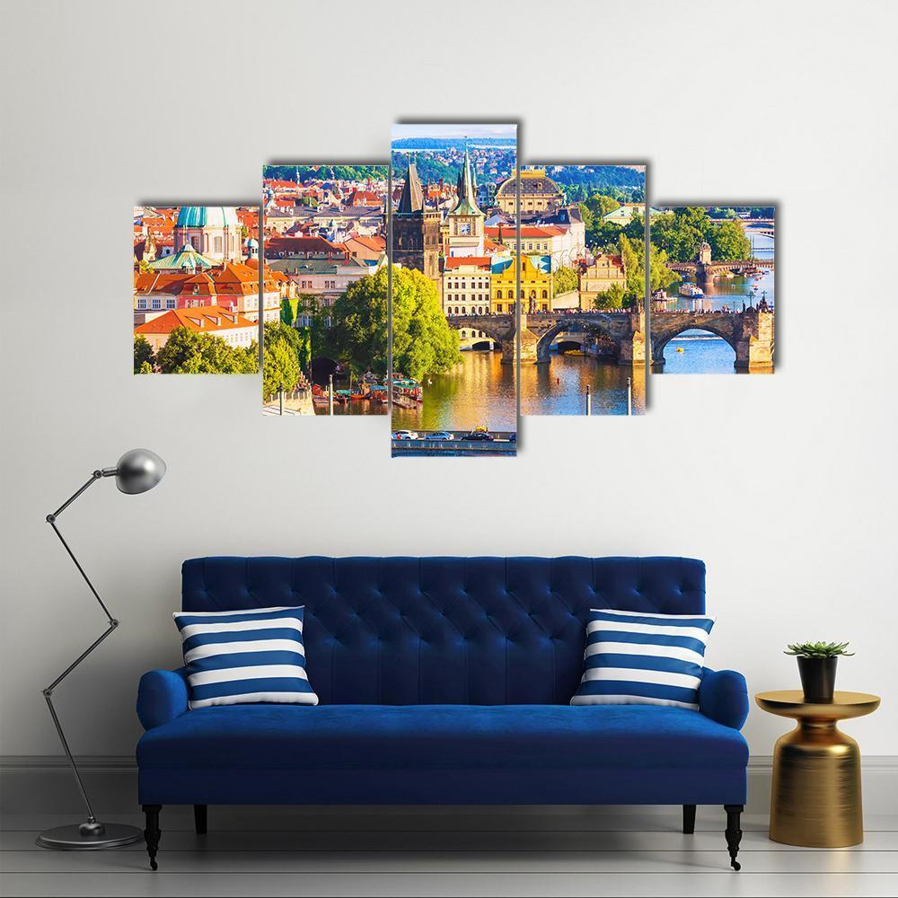 Vltava River With Old Town Canvas Wall Art-5 Star-Gallery Wrap-62" x 32"-Tiaracle