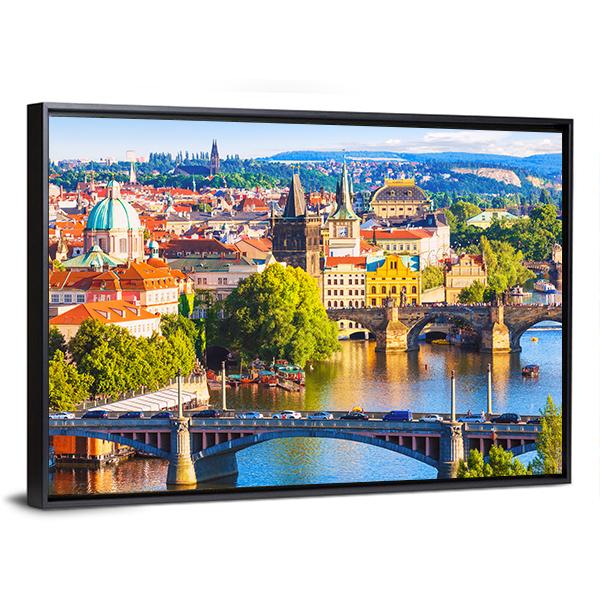 Vltava River With Old Town Canvas Wall Art-3 Horizontal-Gallery Wrap-25" x 16"-Tiaracle