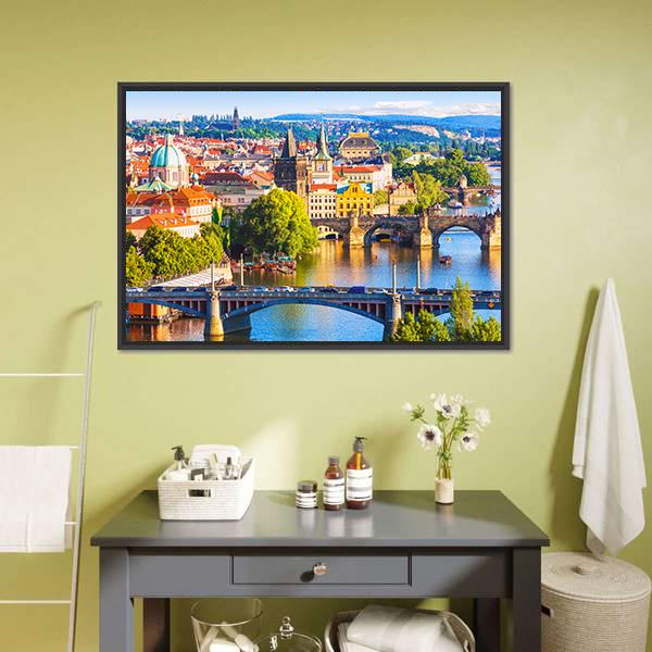 Vltava River With Old Town Canvas Wall Art-3 Horizontal-Gallery Wrap-25" x 16"-Tiaracle
