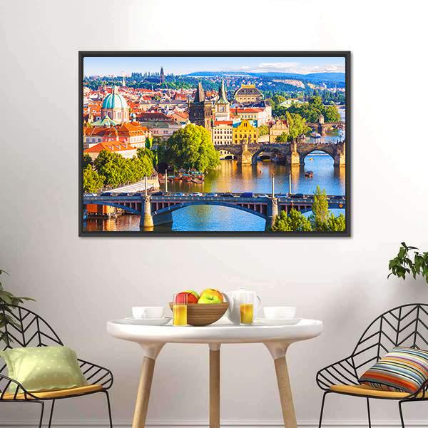 Vltava River With Old Town Canvas Wall Art-3 Horizontal-Gallery Wrap-25" x 16"-Tiaracle